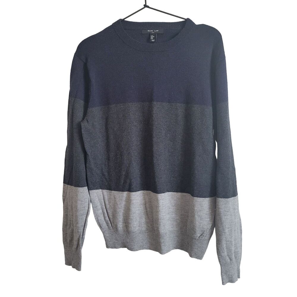 Mark Law Mens Sz M Crewneck Sweater Wool Gray Blue Striped